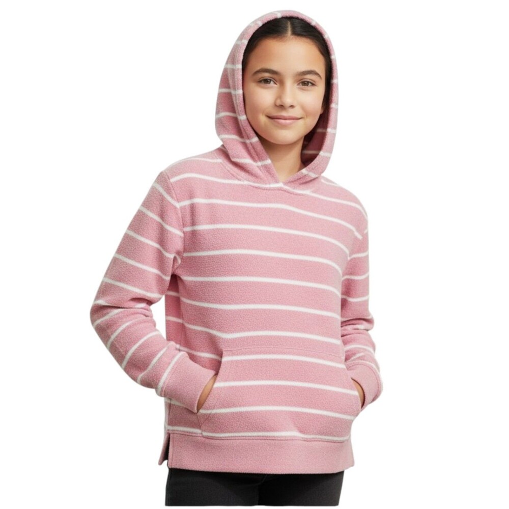DKNY Sweater Girls 7-8 Pink Striped Hooded V-Neck Long Sleeve Knit Pullover
